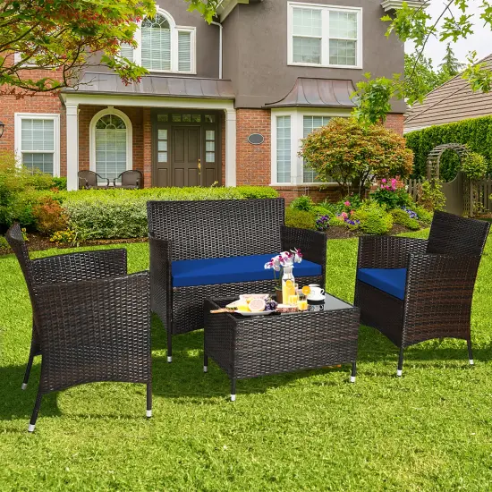Costway 4PCS Rattan Patio Furniture Set Cushioned Sofa Chair Coffee Table {1}