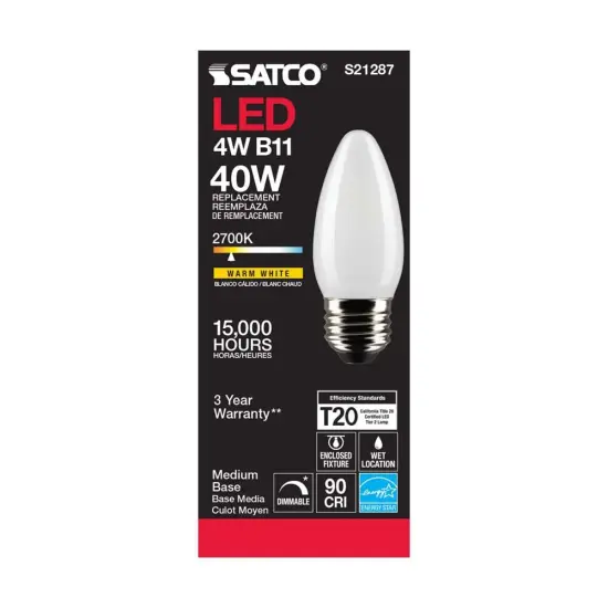 6Pk - Satco 4w B11 LED 2700K Medium Base Frosted Dimmable - 40w equiv Warm White {5}