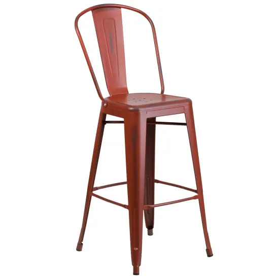 Merrick Lane Sabine Metal Indoor-Outdoor Counter Stool with Vertical Slat Back and Integrated Footrest Kelly Red {1}