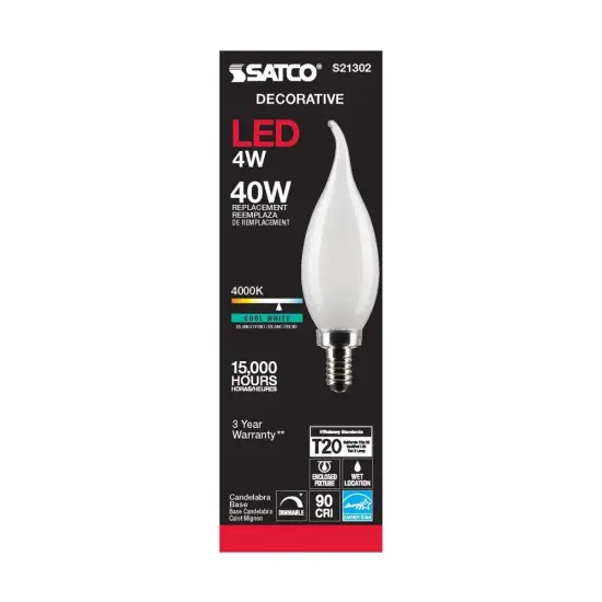 6Pk - Satco 4w CA10 LED 4000K Candelabra Base Frosted Dimmable - 40w equiv Cool White {5}