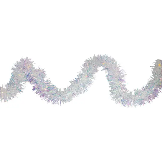 Kurt Adler 9.25' LED Lighted Iridescent Tinsel Christmas Garland, Warm White Lights Silver {4}