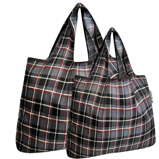 Wrapables Large & Small Foldable Tote Nylon Reusable Grocery Bags, Set of 2 Black Plaid {1}