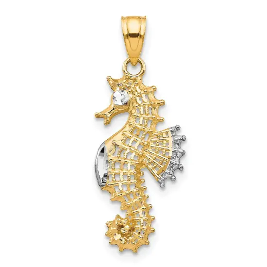 10K Gold & Rhodium Plated Seahorse Charm Pendant Jewelry 25mm x 11mm {1}
