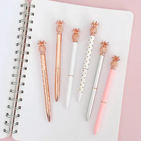 Wrapables Novelty Pineapple Ballpoint Pens, 1.0mm Medium Point Retractable Metal Pens with Refills (Set of 6 Pens + 6 Refills) {6}