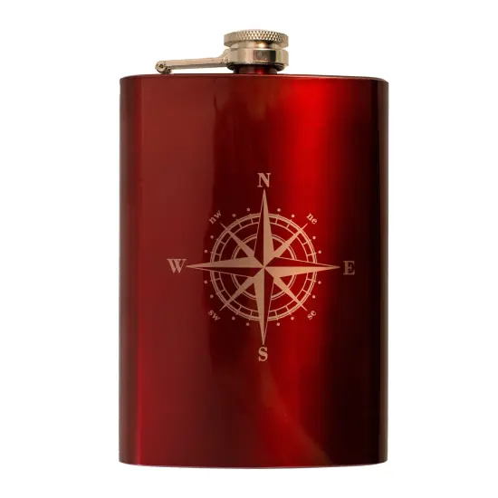 8oz RED Compass Rose Flask Hiking and Sailing Novelty {1}