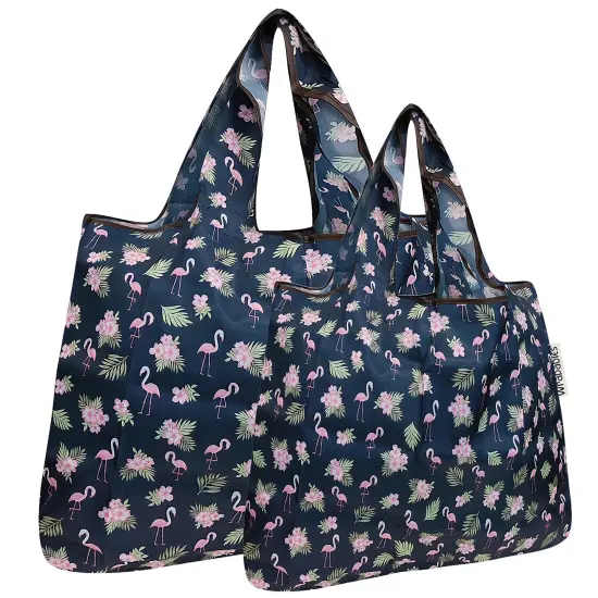 Wrapables Large & Small Foldable Tote Nylon Reusable Grocery Bags, Set of 2 Flamingoes & Floral {1}