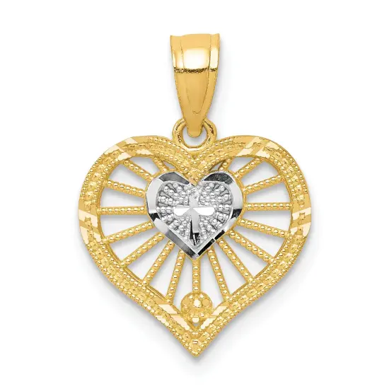 10K Gold & Rhodium Plated Heart Cross Charm Pendant Jewelry 15 x 12mm {1}