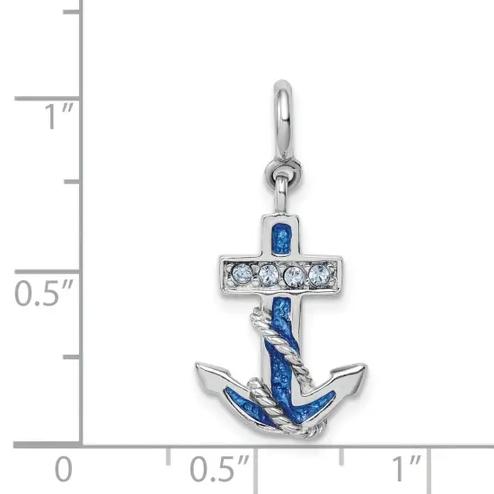 Sterling Silver Blue Enameled Anchor w/Crystals Charm Jewerly 22mm x 13mm {2}