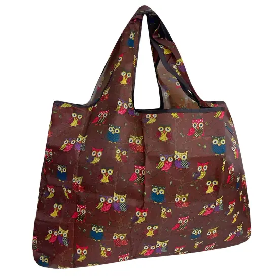 Wrapables Large Foldable Tote Nylon Reusable Grocery Bags Owls Brown {1}