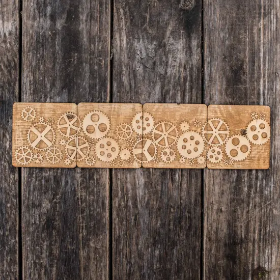Gears Wood Coaster Set of four 4x4in Raw Wood {1}