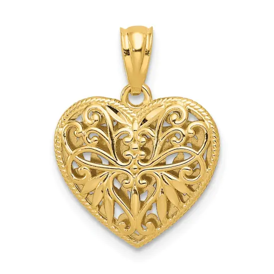 14K Two Tone Gold Reversible Filigree Heart Charm Jewerly 18mm x 14mm {1}