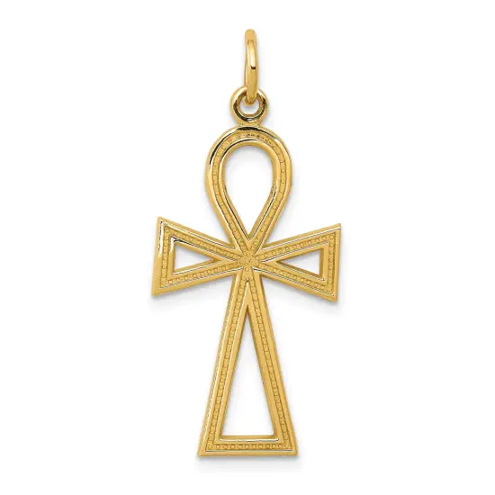 14K Yellow Gold Ankh Cross Charm Egypt Jewelry 37mm x 14mm {1}