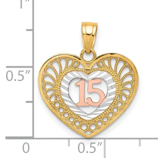 10K Gold Two Tone Sweet 15 Heart Pendant Charm Jewelry 20mm x 16mm {2}
