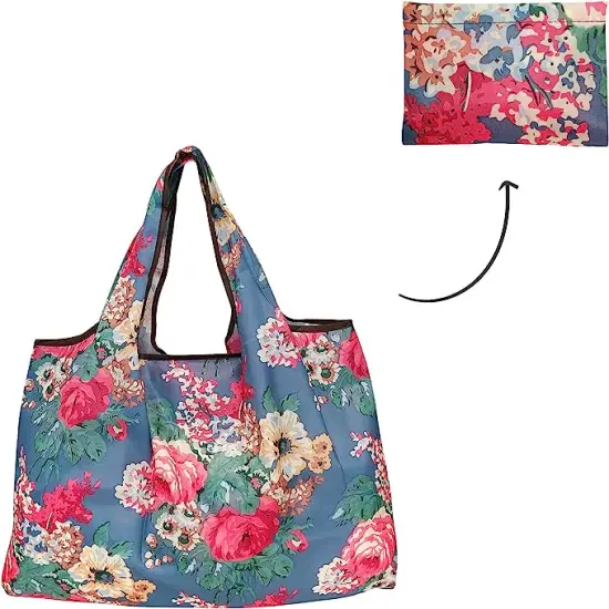 Wrapables Large Foldable Tote Nylon Reusable Grocery Bags, 5 Pack Flowers & Ferns {10}