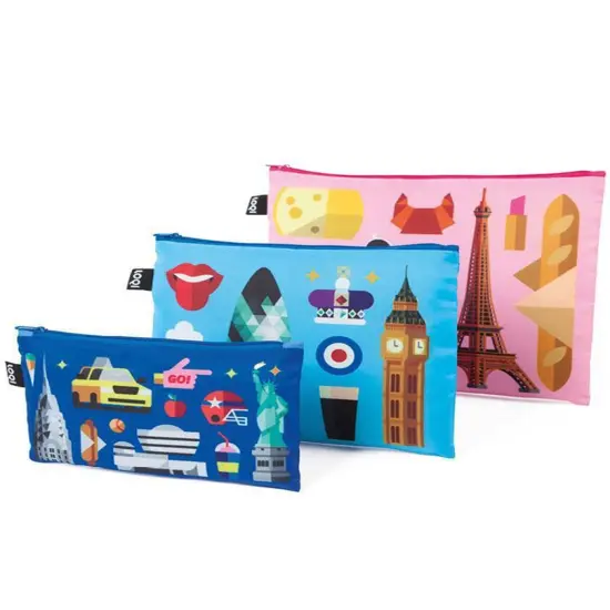 LOQI Hey Studio Zip Pockets, Set of 3, New York, London, Paris {1}