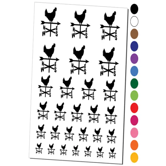 Rooster Weathervane North South West East Temporary Tattoo Water Resistant Fake Body Art Set Collection Dark Green {1}