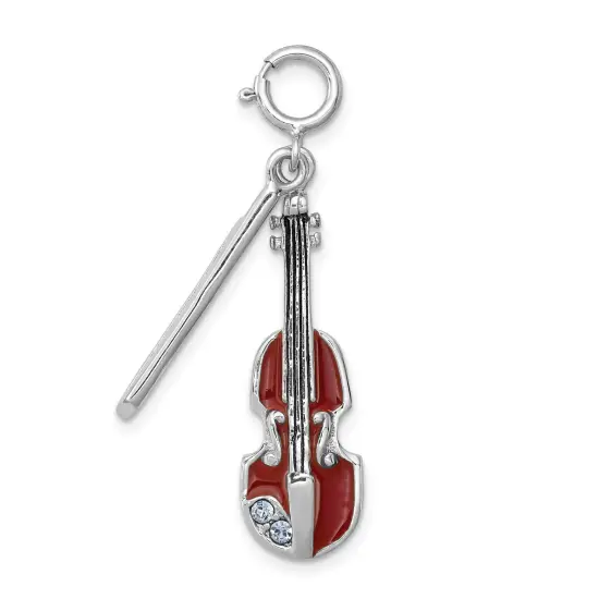 Sterling Silver Enameled Violin Charm Music Pendant Jewerly 32mm x 11mm {1}