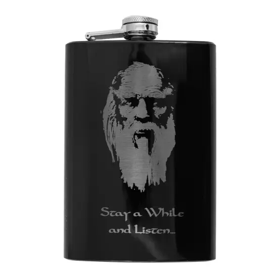 8oz BLACK Stay a While and Listen Flask {1}
