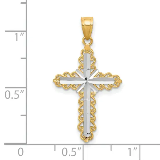 10K Gold & Rhodium Plated Diamond Cut Cross Pendant Jewelry Charm 30 x 16mm {2}