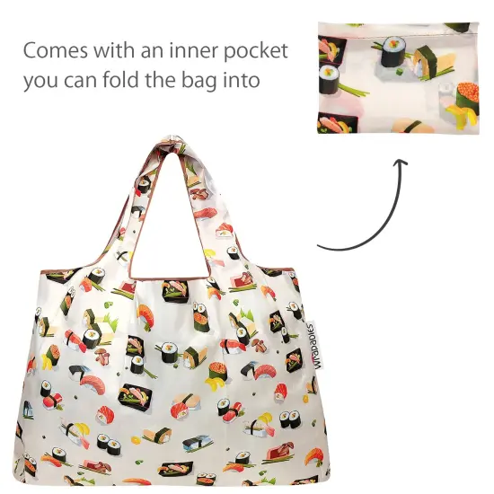 Wrapables Large & Small Foldable Tote Nylon Reusable Grocery Bags, Set of 2 Sushi {5}
