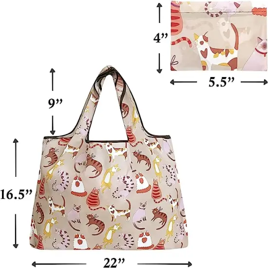 Wrapables Large Foldable Tote Nylon Reusable Grocery Bags, 3 Pack Elephant Owls Cats {6}