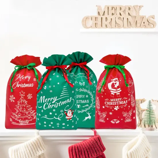 Wrapables Non-Woven Christmas Holiday Drawstring Gift Bags for Party Favors, Goodie Bag, Treats, Gift Wrap, Parties (Set of 8) Red Green {4}