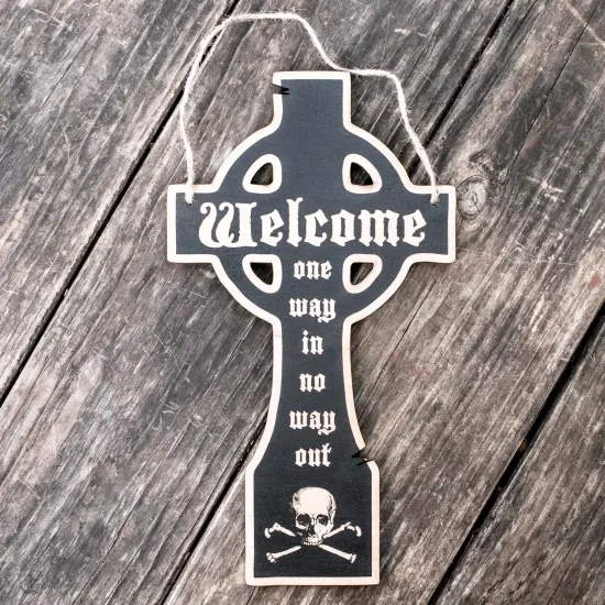 Welcome Gravestone - Black Halloween Door Sign {1}