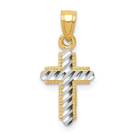 10K Gold & Rhodium Plated Diamond Cut Cross Pendant Charm Jewelry 20 x 11mm {1}