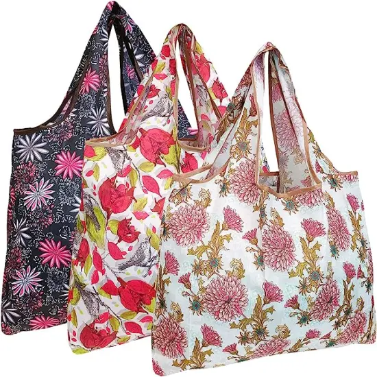 Wrapables Large Foldable Tote Nylon Reusable Grocery Bag, 3 Pack Pink Floral Bloom {1}