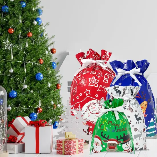 Wrapables Aluminum Foil Christmas Holiday Drawstring Gift Bags for Party Favors, Goodie Bag, Treats, Gift Wrap, Parties (of 6) XL Red White {11}