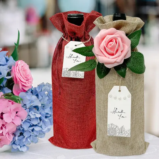 Wrapables Reusable Burlap Wine Bags, Rustic Gift Bags with Drawstring (Set of 8) Burgundy Natural {5}