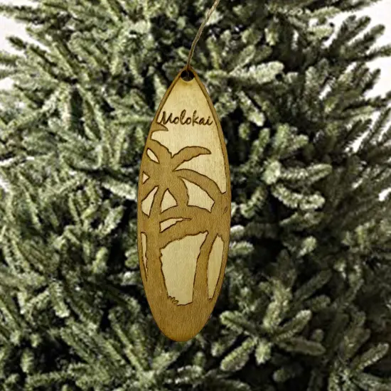 Ornament - Molokai Palm Tree Surfboard - Raw Wood Maple {3}