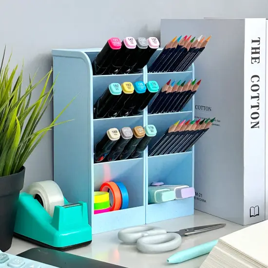 Wrapables Pen Organizer with 4 Compartments Desk Storage Organizer for Home, Office, Work Large (2pcs) / Blue {3}