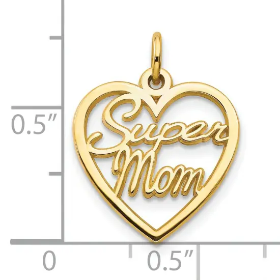 10K Yellow Gold Super Mom in Heart Charm Mother Jewelry 20mm x 16mm {3}