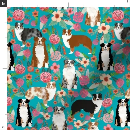 Various Fabrics by the Yard or Fat Quarter Australian Shepherd Dogs Floral Cute Aussie Dog Vintage Flowers Turquoise Shepherds Breed Custom Printed Fabric by Spoonflower {4}