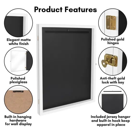 Americanflat 23x31 Lockable Jersey Display Case - Jersey Shadow Box Frame - Includes Built-in Hook for Jersey - Anti-Theft Lock - Polished Plexiglass Cover - Hanging Hardware White {4}