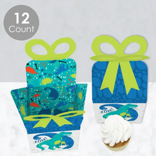 Big Dot of Happiness Roar Dinosaur - Square Favor Gift Boxes - Dino Mite Trex Baby Shower or Birthday Party Bow Boxes - Set of 12 {4}