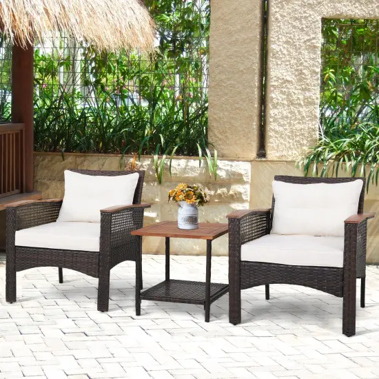 3 Pieces Patio Rattan Furniture Set with Acacia Wood Tabletop {6}