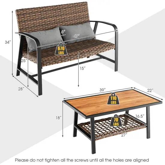 2 Pieces Patio Rattan Coffee Table Set with Shelf {5}