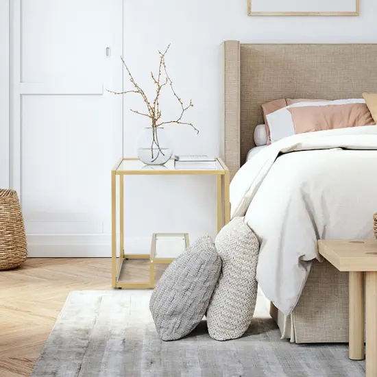 22 Inch 2-Tier Square Sofa Side Table with Tempered Glass Tabletop-Golden {2}