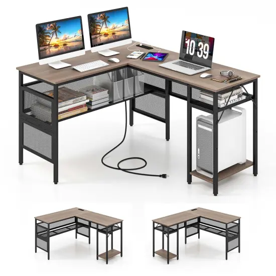 Costway Reversible L-Shaped Computer Desk with Charging Station Adjustable Shelf CPU Stand {1}