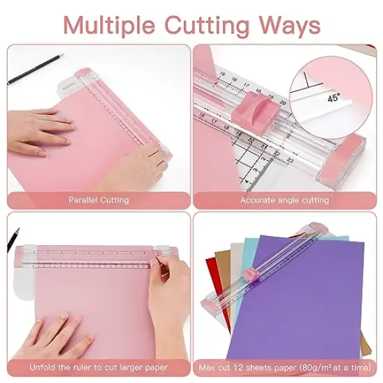 Portable Paper Trimmer,12 Inch Paper Slicer Scrapbooking Tool with Automatic Security Safeguard and Side Ruler for Craft Paper,A4 A5 Paper,Coupon, Label and Cardstock (Blue) (Pink) {6}