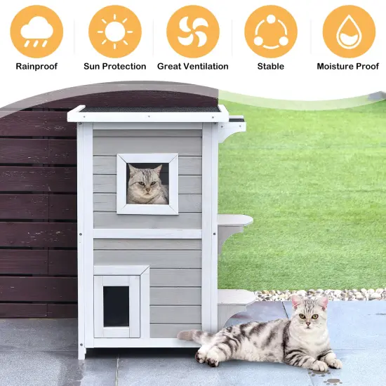 2-Story Wooden Cat House with Escape Door Rainproof {5}