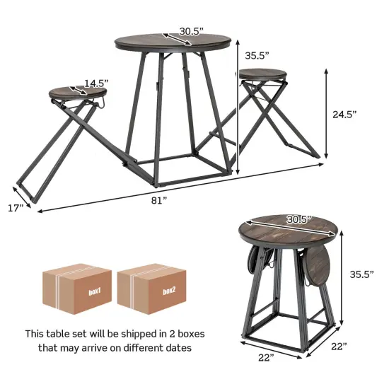 3 Pieces Dining Table Set with 2 Foldable Stools for Small Space-Gray {4}