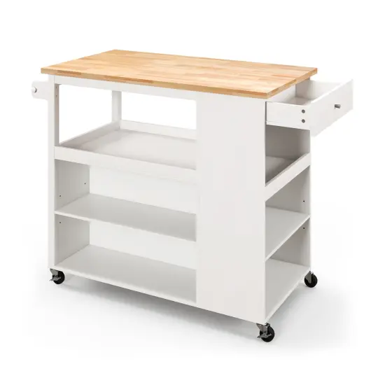 Kitchen Island Trolley Cart on Wheels with Storage Open Shelves and Drawer-White {4}