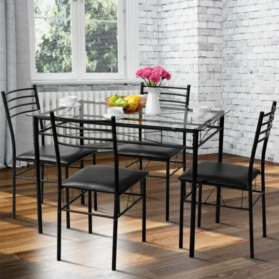 5 pcs Dining Glass Top Table & 4 Upholstered Chairs {1}