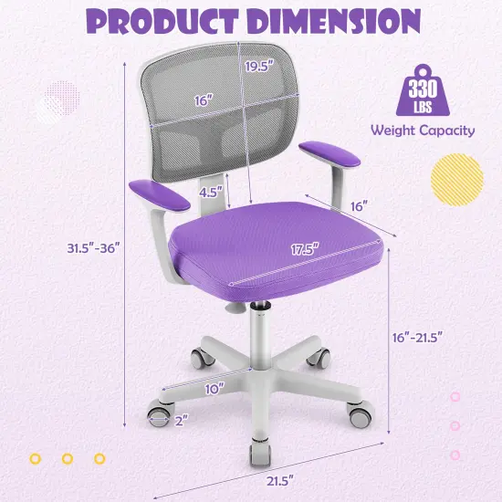 Adjustable Desk Chair with Auto Brake Casters for Kids Purple {2}