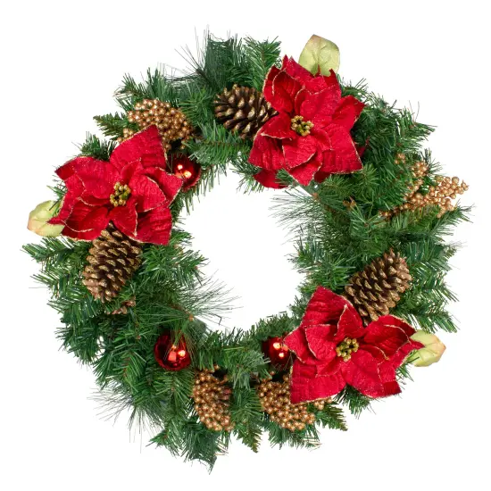 Northlight Pine, Pinecone and Poinsettias Artificial Christmas Wreath - 24" - Unlit Green {1}