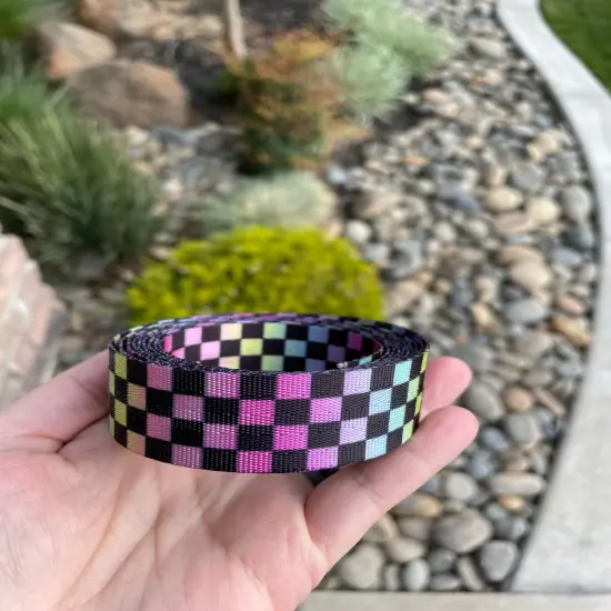 Pastel Rainbow Ombr&eacute; Check 1&rdquo; Seatbelt Webbing (by the yard) 10yd cut {1}