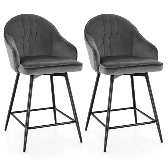 Costway Set of 2 Velvet Bar Stools Swivel Counter Height Dining Chair with Metal Legs Gray {1}